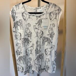Cynthia Rowley White and Black Cheetahs & Tigers 100% Linen Top New